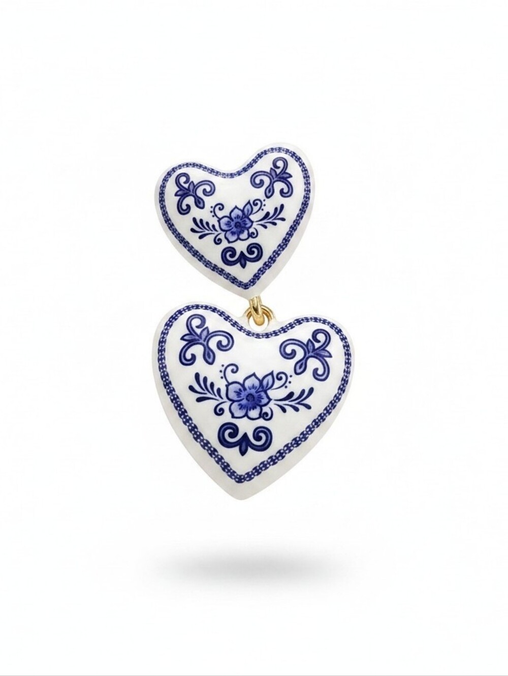 Blue and White Heart Drop Earrings - Floral Porcelain Style